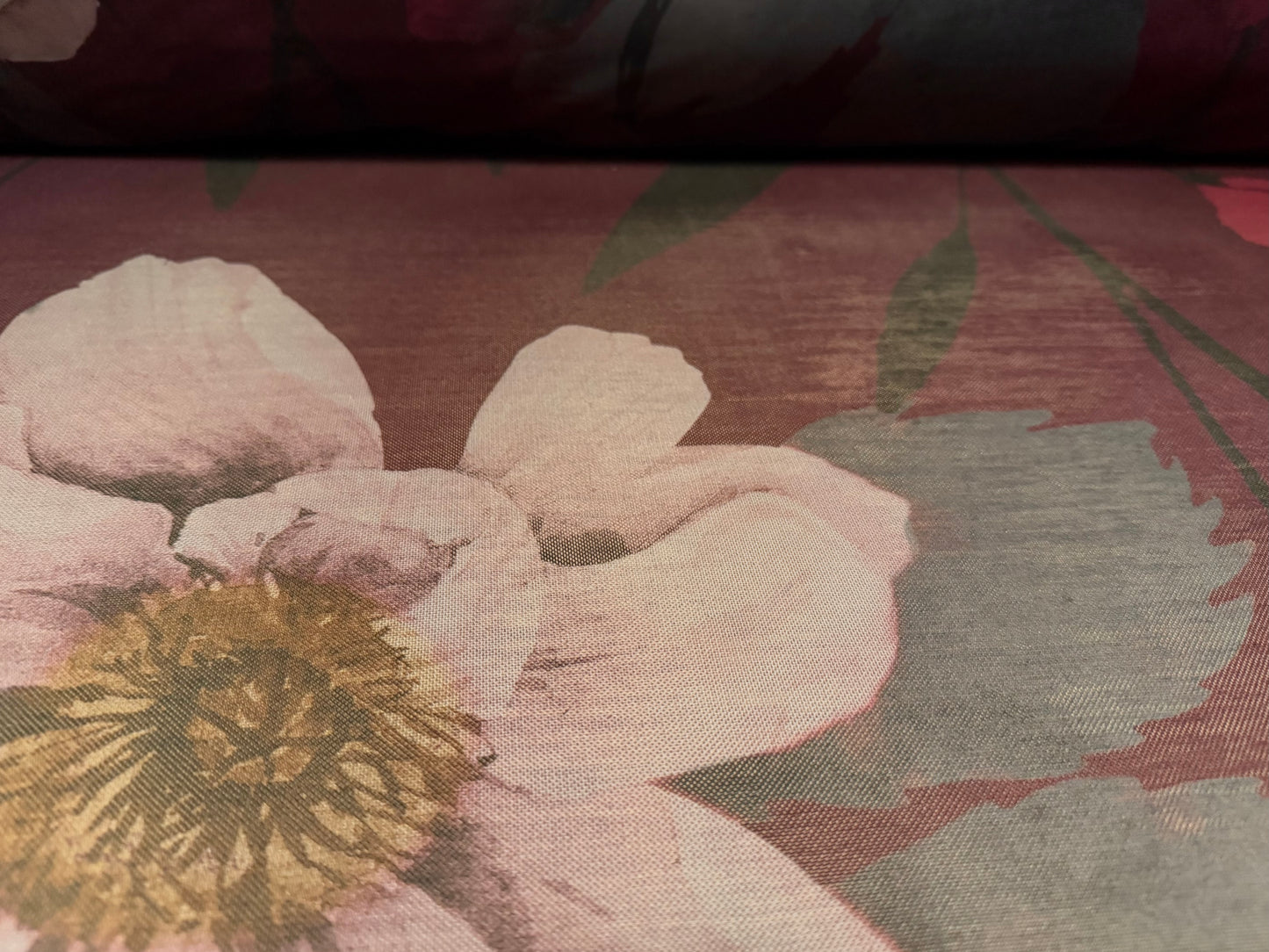 Power mesh net stretch spandex fabric, per metre - anemone flower print - dark plum