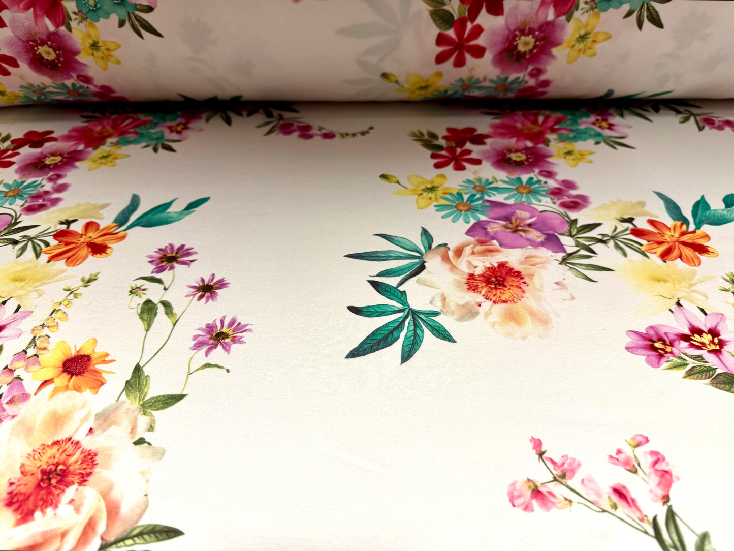 Scuba stretch spandex double jersey fabric, per metre - foxglove floral print - ivory & pink