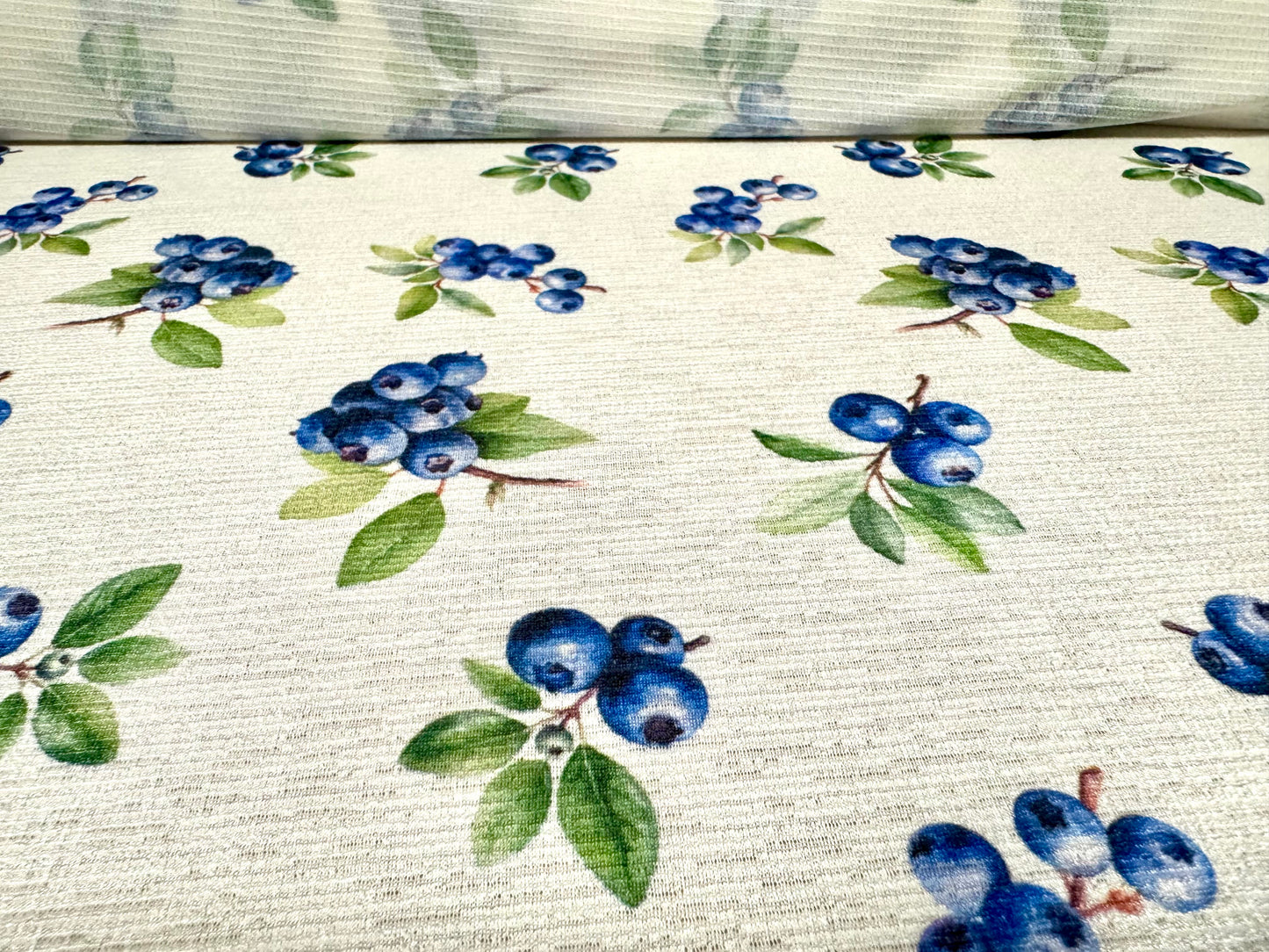 Stretch cheesecloth weave fabric, per metre - blueberry print - ivory