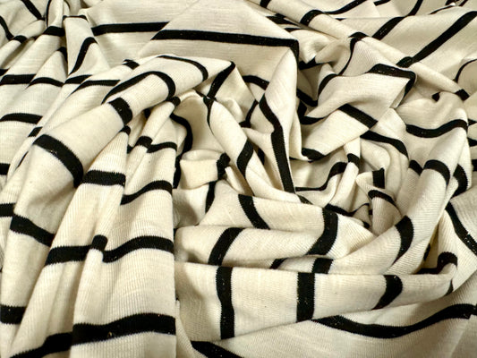 Metallic viscose spandex stretch single jersey fabric, per metre - stripe - cream & black with gold lurex