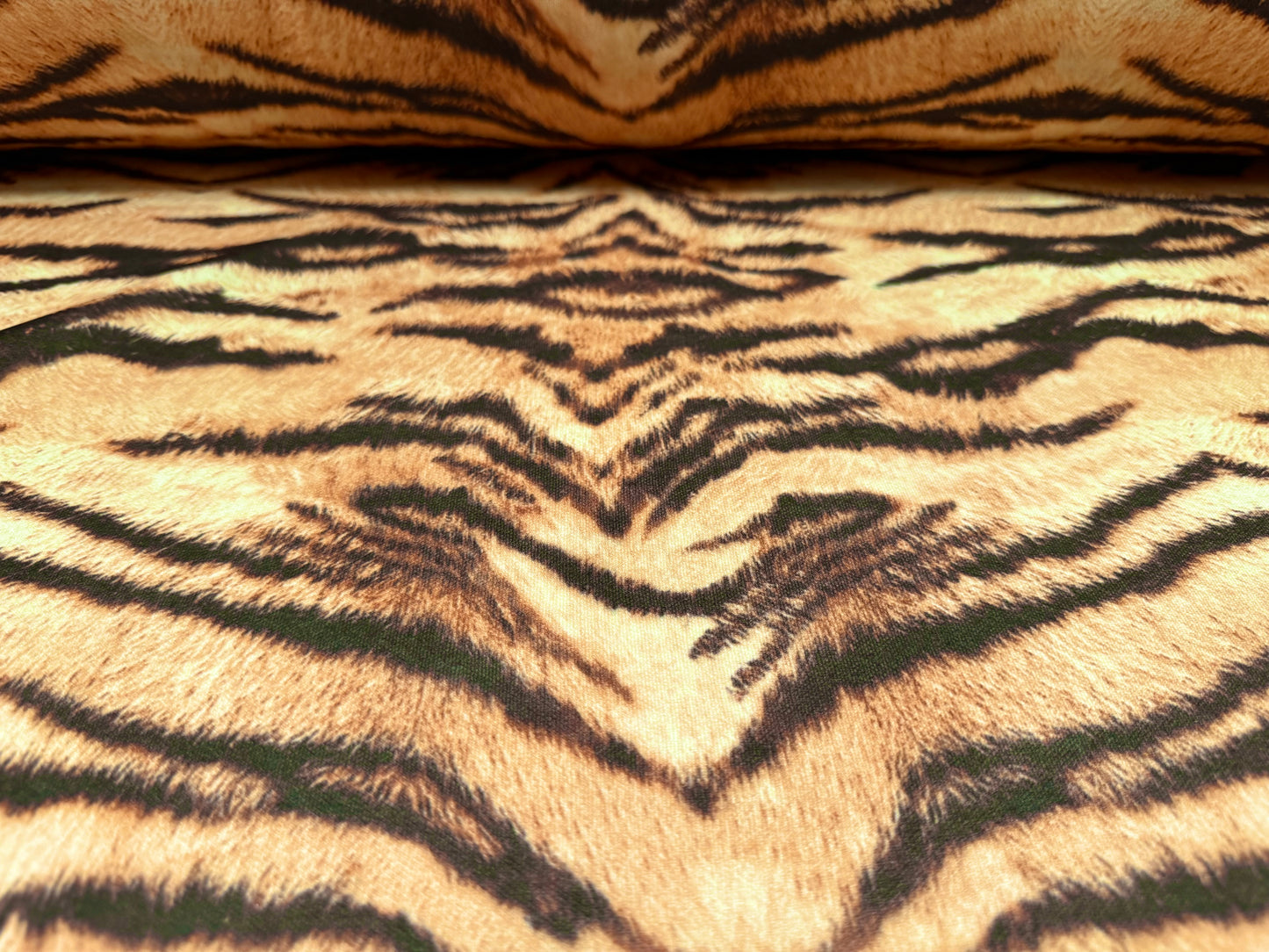 Stretch piqué double jersey fabric, per metre - tiger print - gold