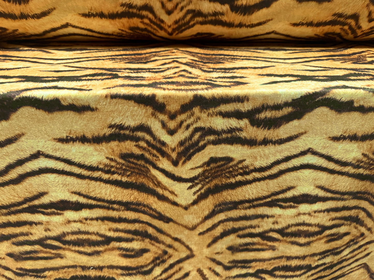 Stretch spandex interlock jersey fabric, per metre - tiger animal print - gold