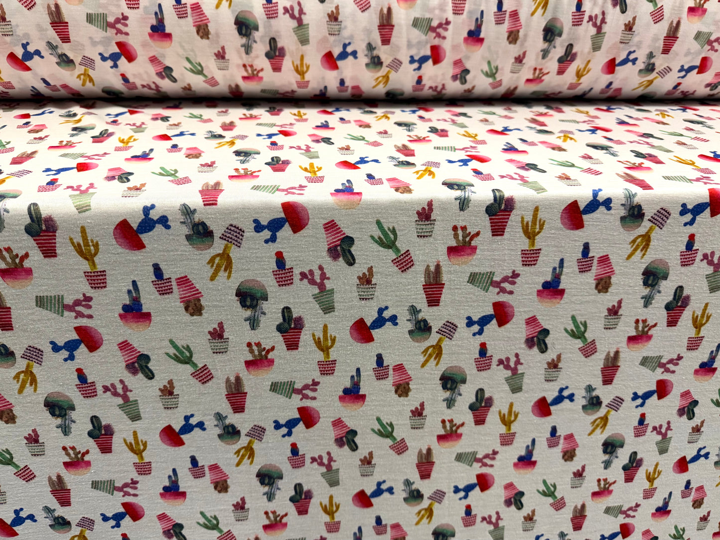 Soft handle single jersey fabric, per metre - Cactus print - multicolour