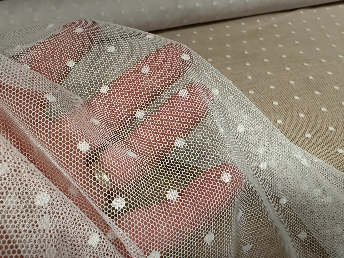 Stretch spandex mesh net fabric, per metre - spotted - white on white