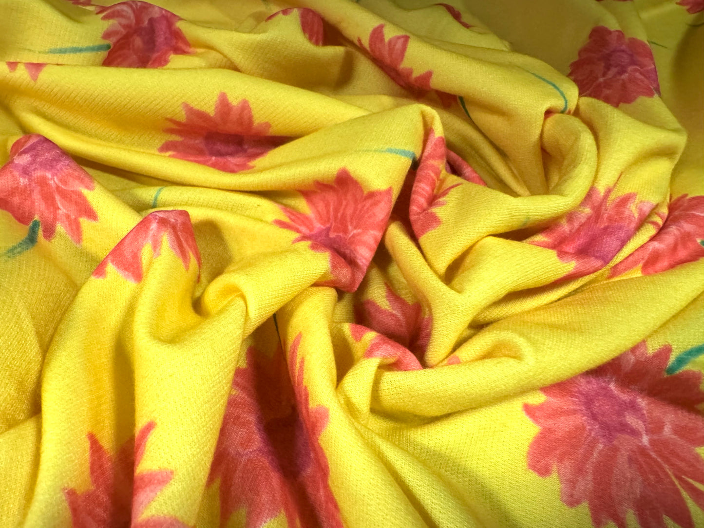 French Terry loopback sweatshirt jersey fabric, per metre - floral print - bright yellow & pink