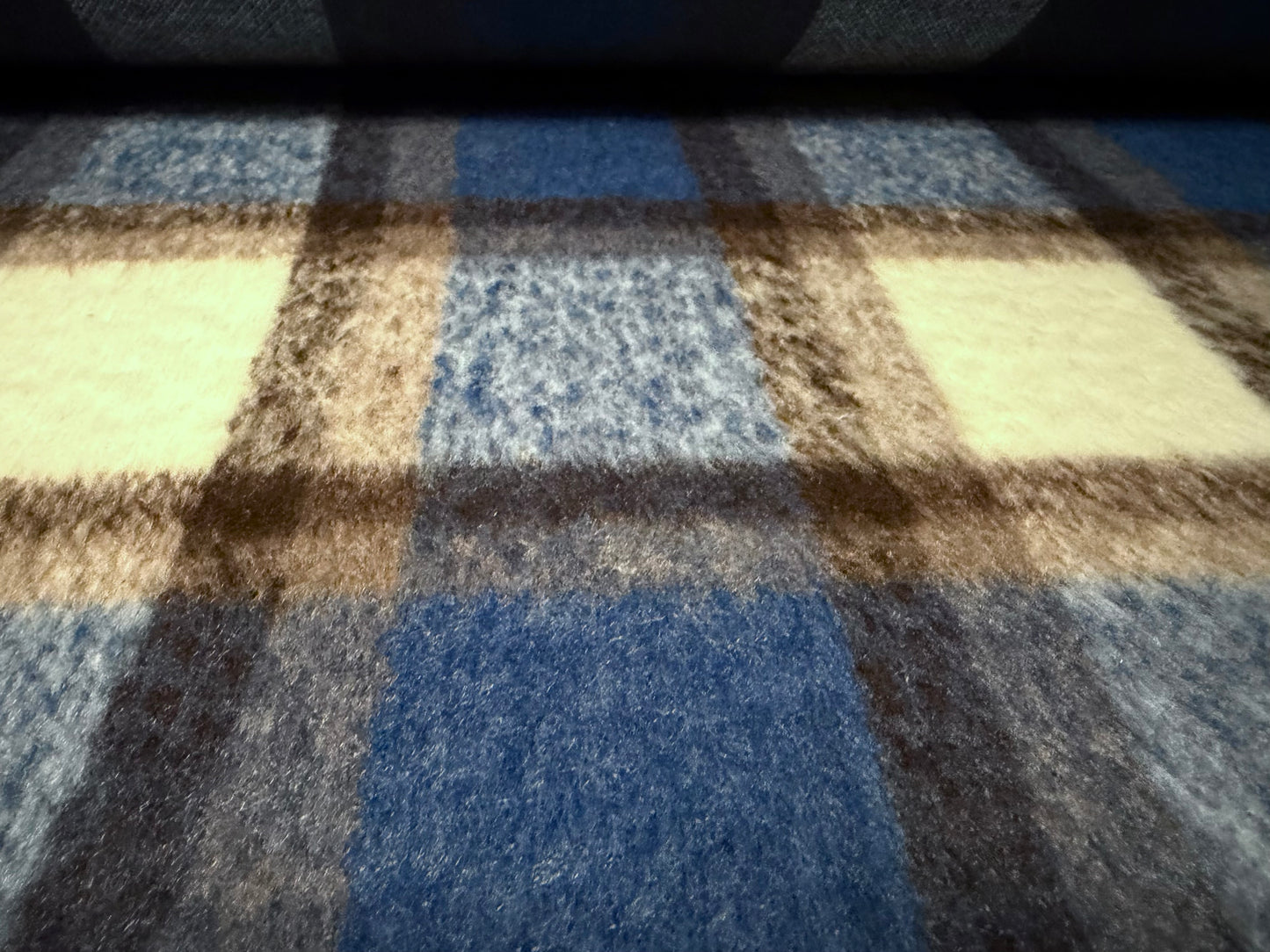 Wool faux fur fabric, per metre - plaid - denim blue cream & brown