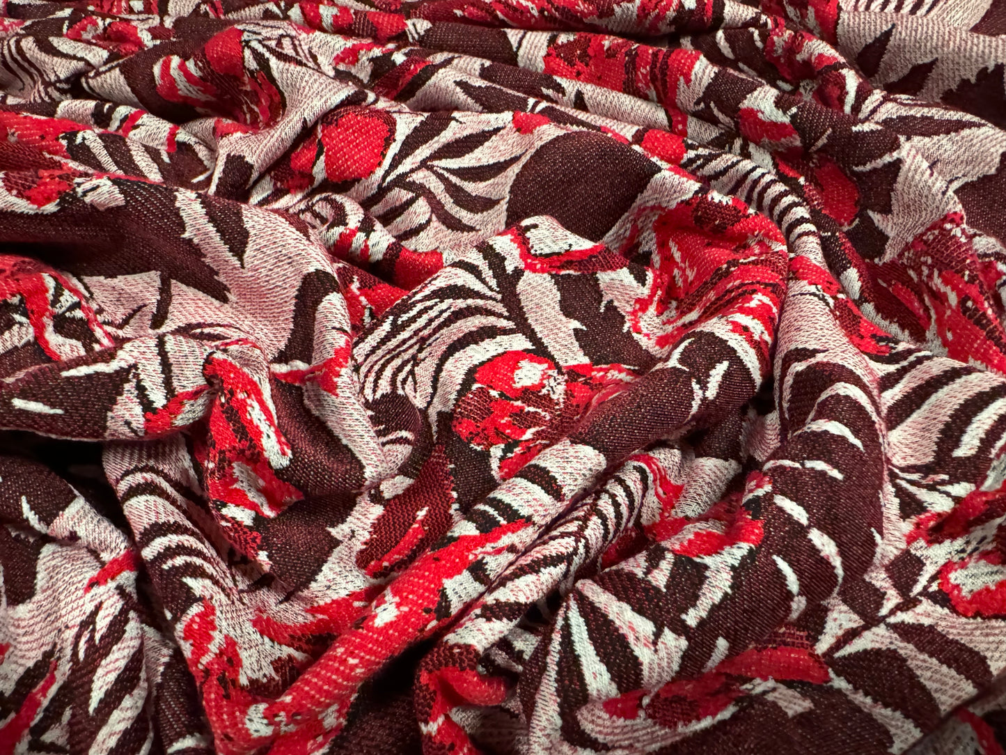 Stretch double jersey fabric, per metre - floral leaves jacquard - red pink & aubergine