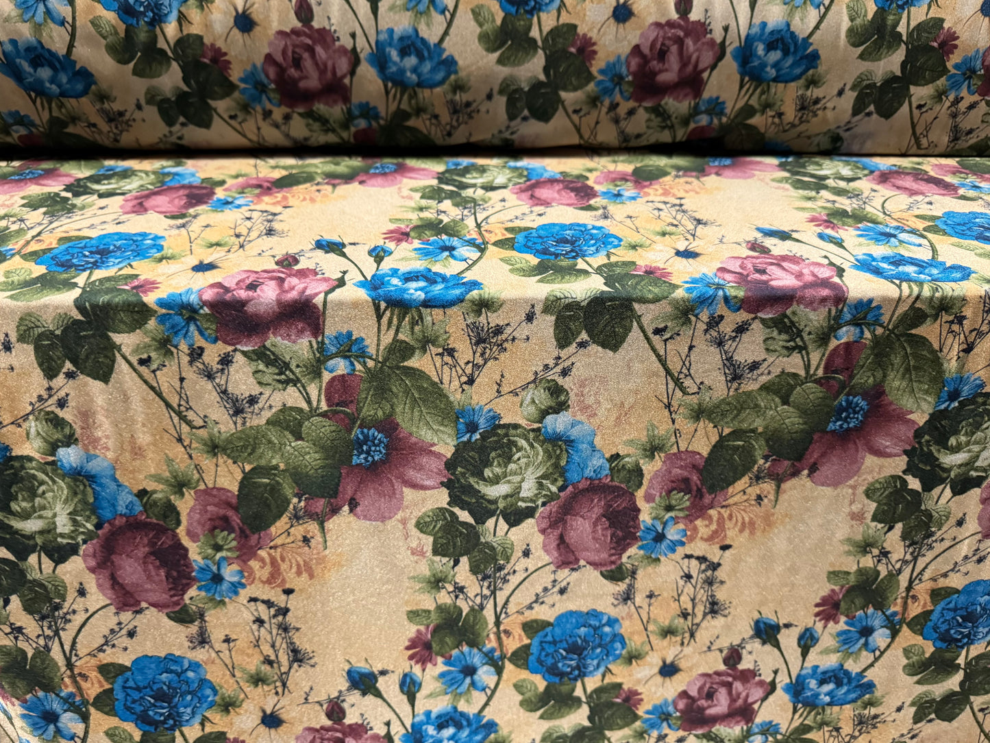 Swimwear stretch spandex jersey fabric, per metre - wild rose print - old gold, cobalt & magenta