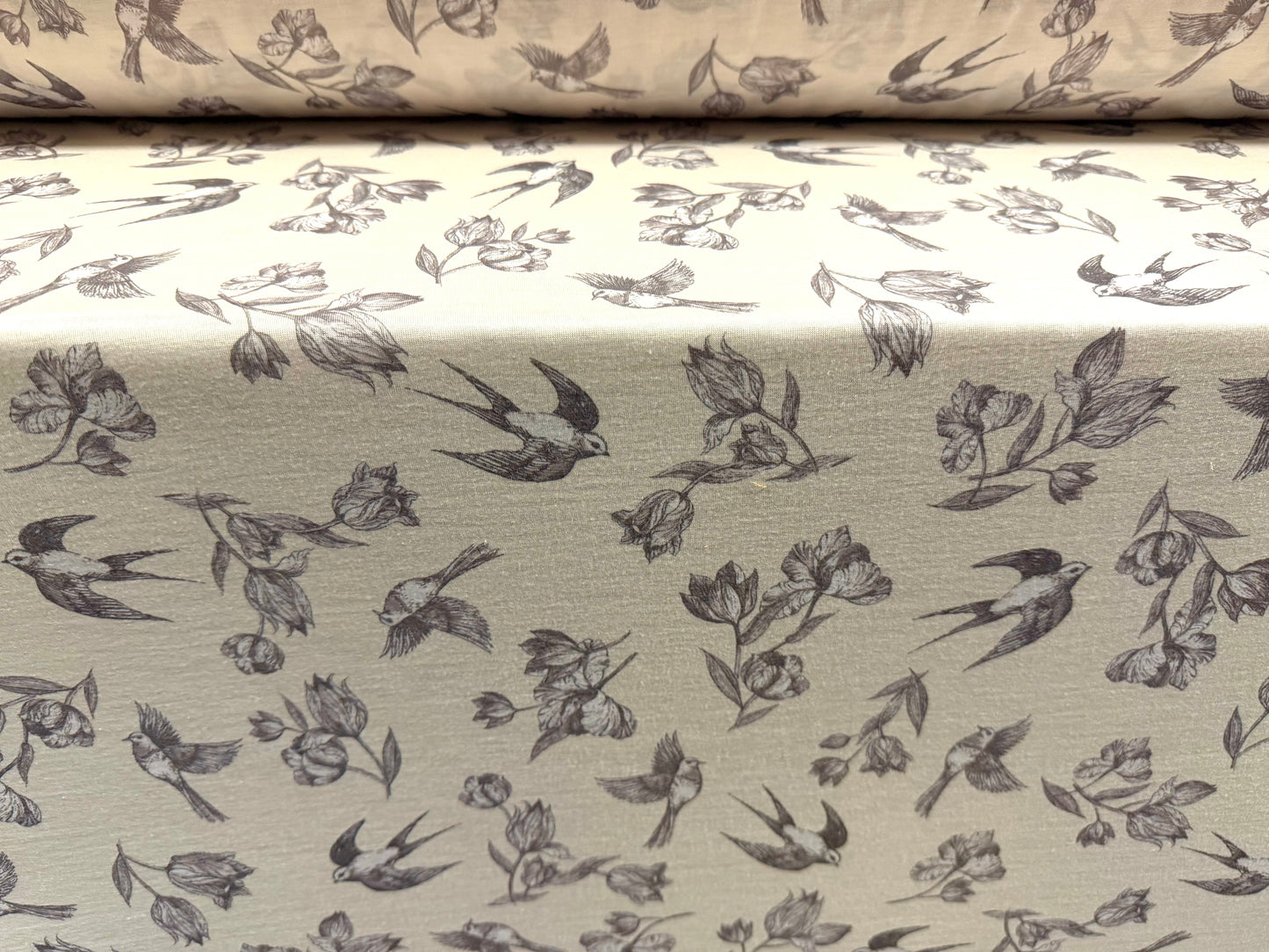 Soft handle single jersey fabric, per metre - swallows and flowers print - cream & grey