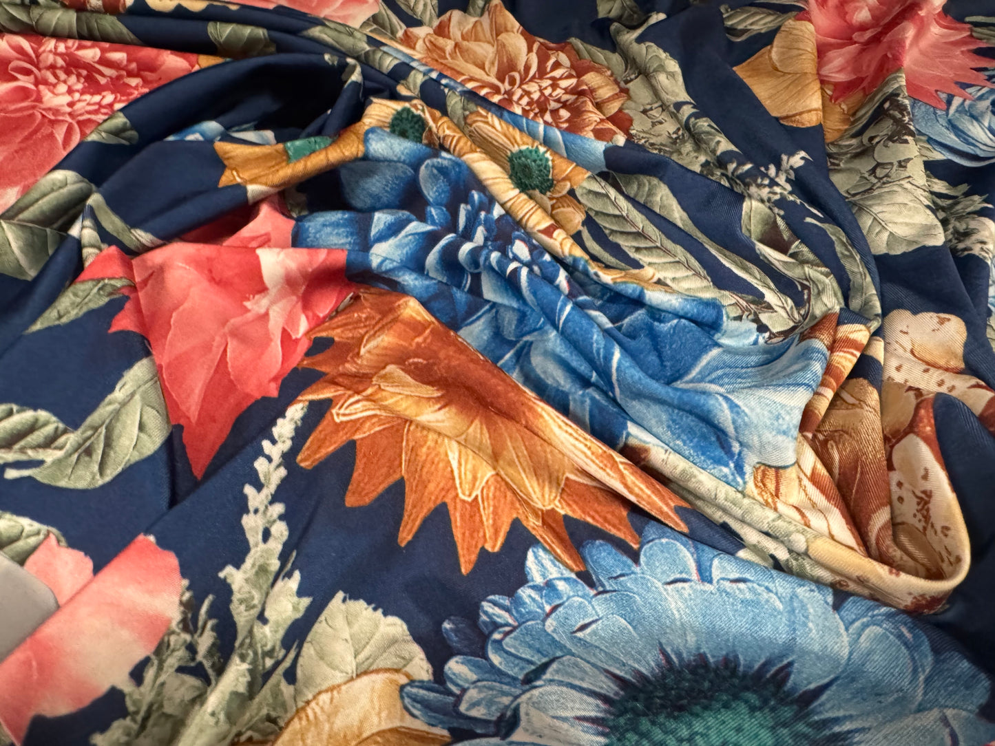 Soft touch stretch spandex single jersey fabric, per metre - Carnation Bouquet print - blue pink & beige