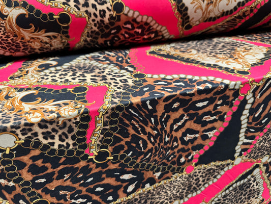 Soft touch stretch spandex single jersey fabric, per metre - leopard and chains print - black gold & pink