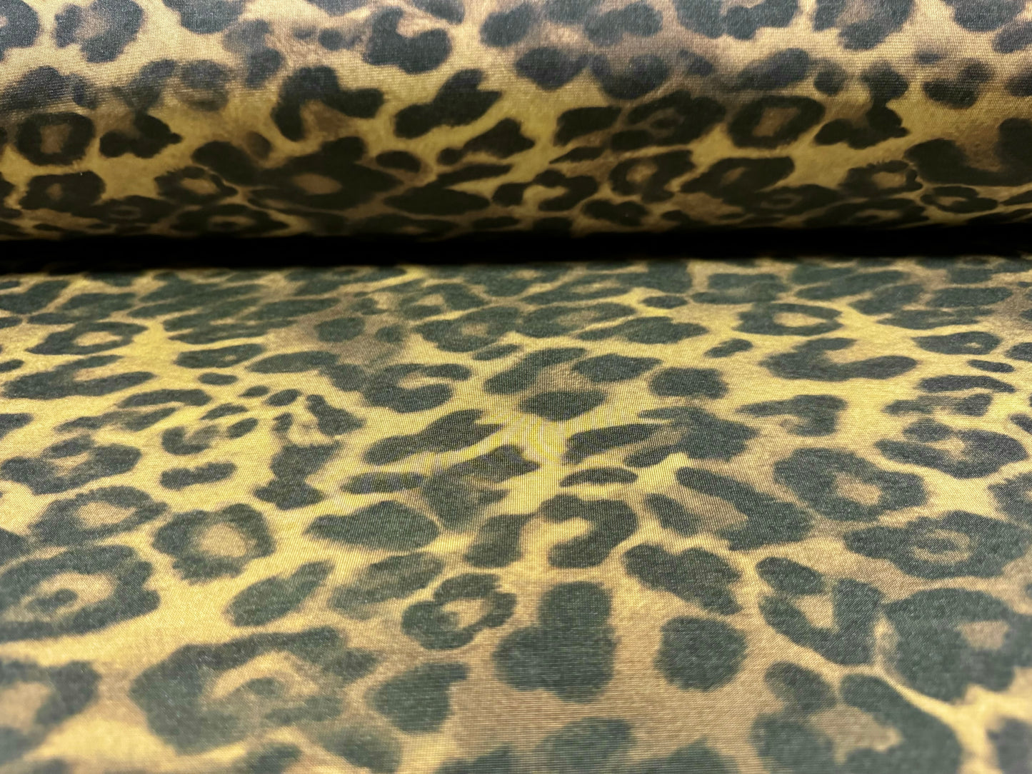 Soft touch stretch spandex single jersey fabric, per metre - leopard animal print - gold