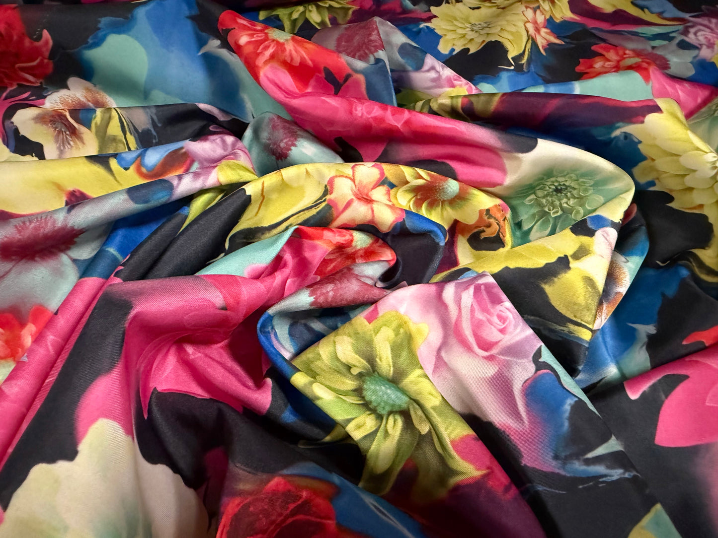 Pongee woven dress fabric, per metre - painterly floral print - multicolour