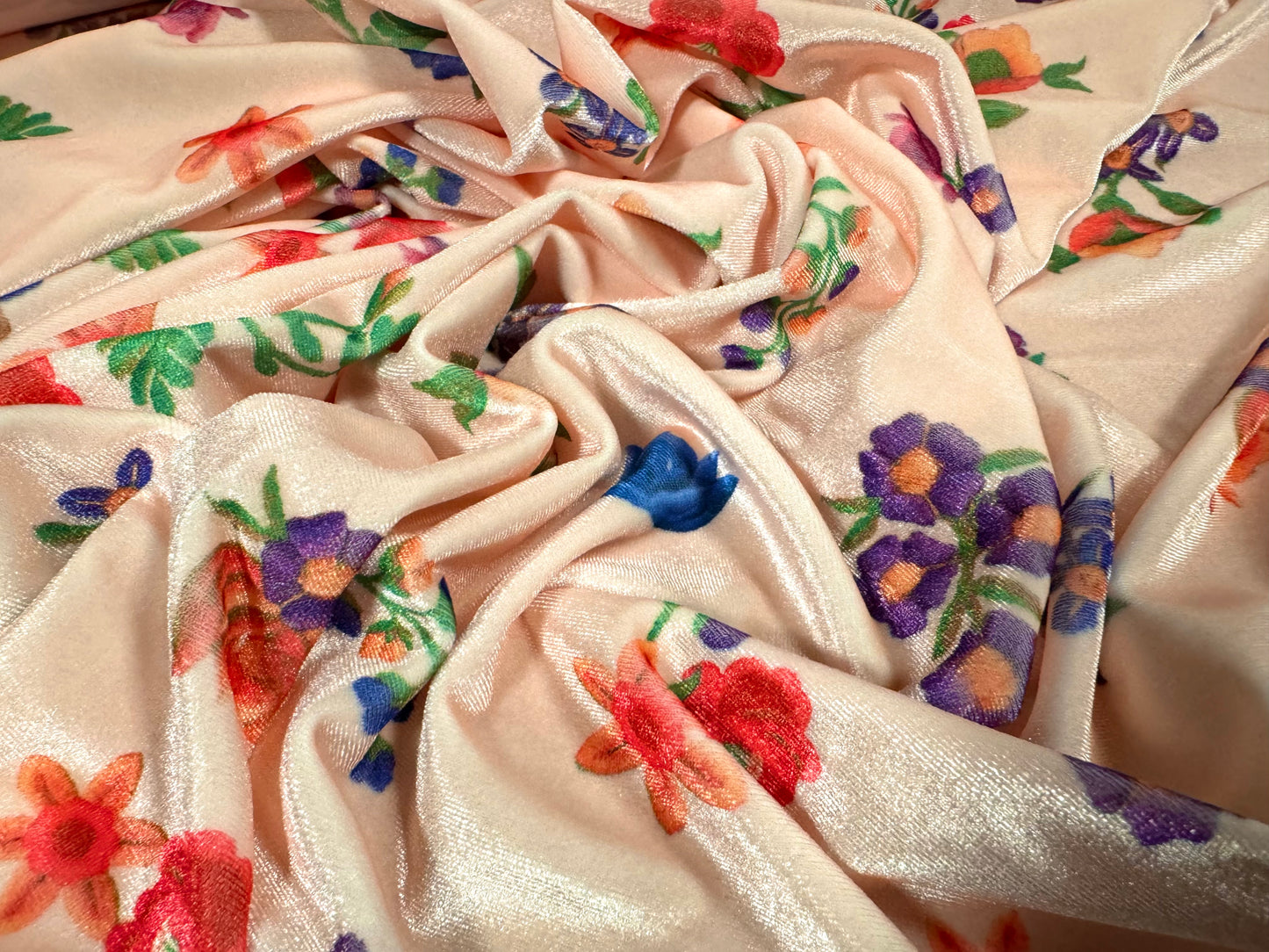 Spandex velvet stretch dress fabric, per mere - pretty flowers print - blush pink