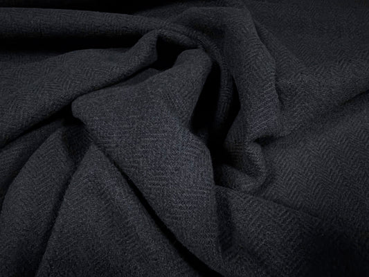 Wool blend coat jacket fabric, per metre - herringbone weave - dark navy blue