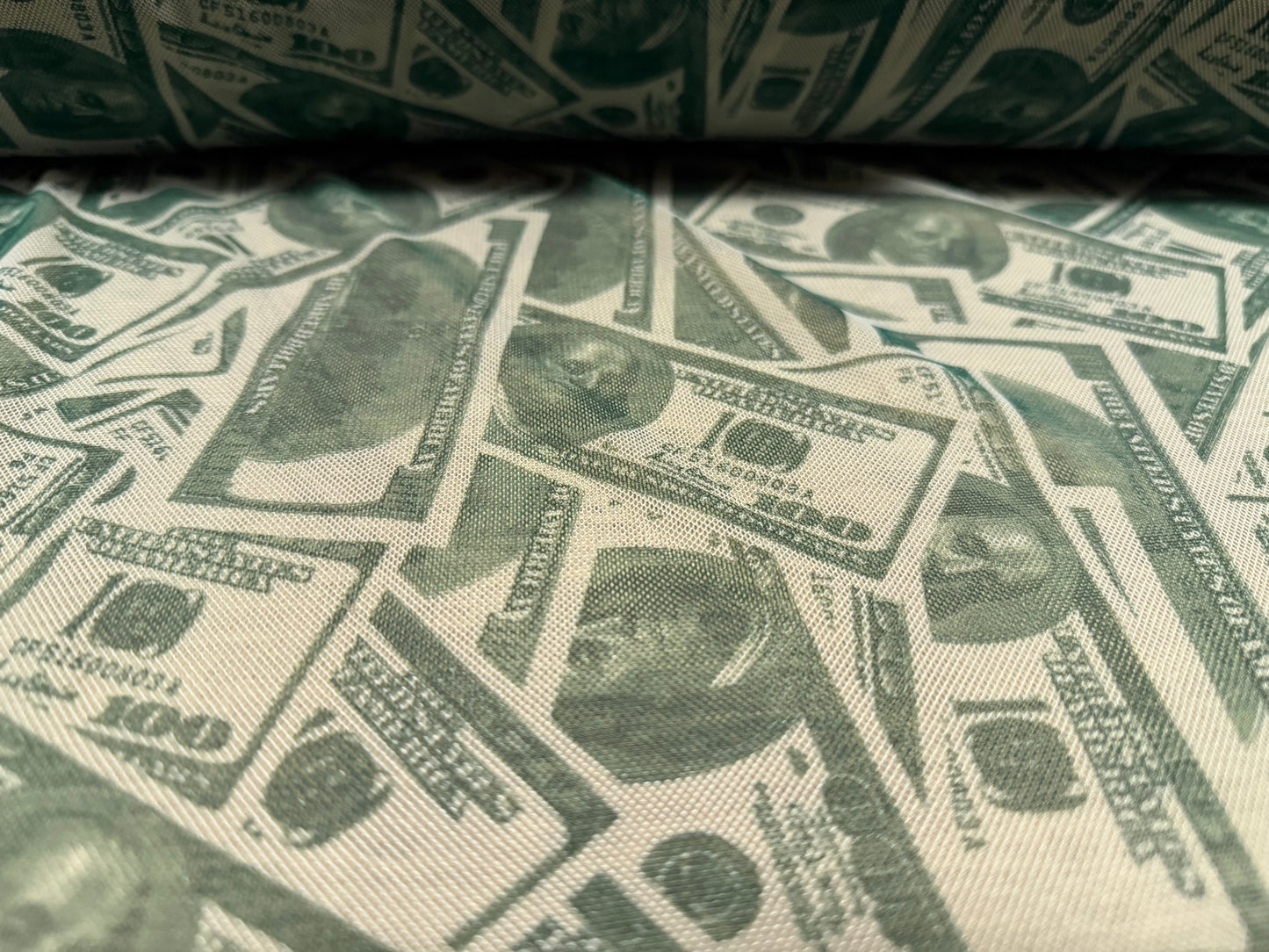 Power mesh net stretch spandex fabric, per metre - dollar bill print - sage & bottle green