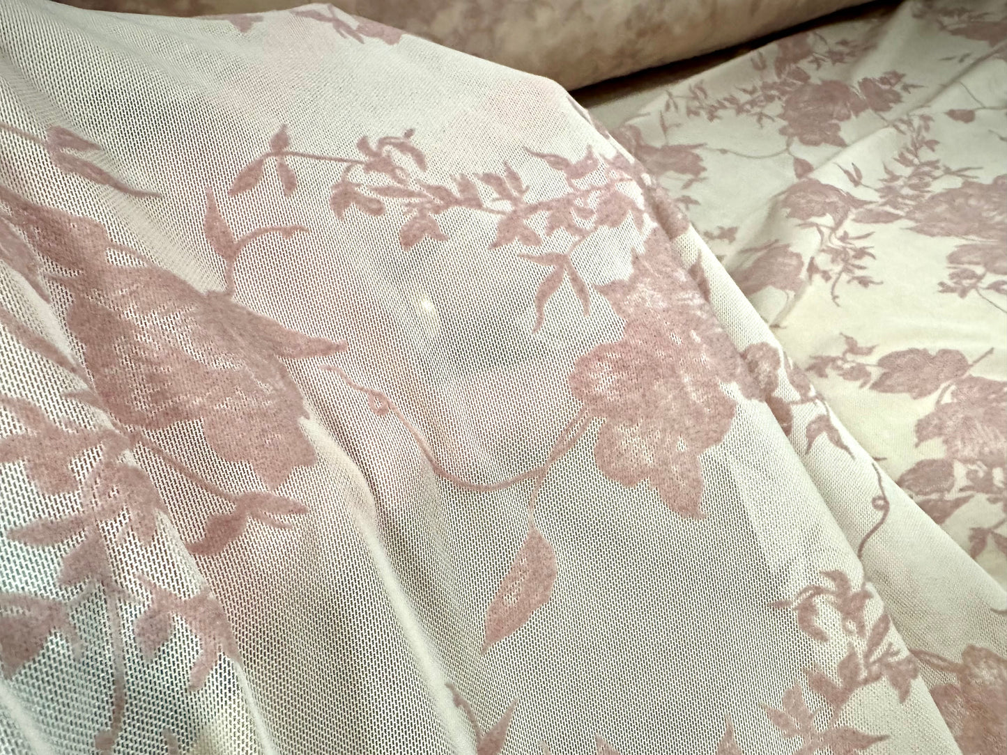 Power mesh net sheer stretch spandex fabric, per metre - flocked rose print - skin tone & dusky