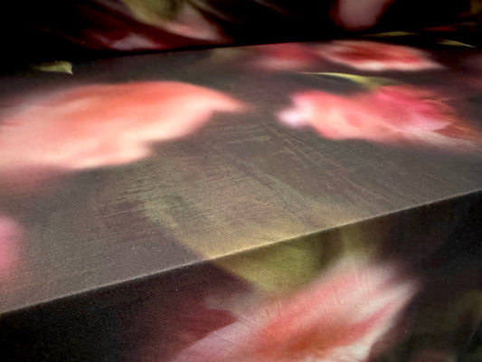 Power mesh net stretch spandex fabric, per metre - soft focus floral print - plum & pink