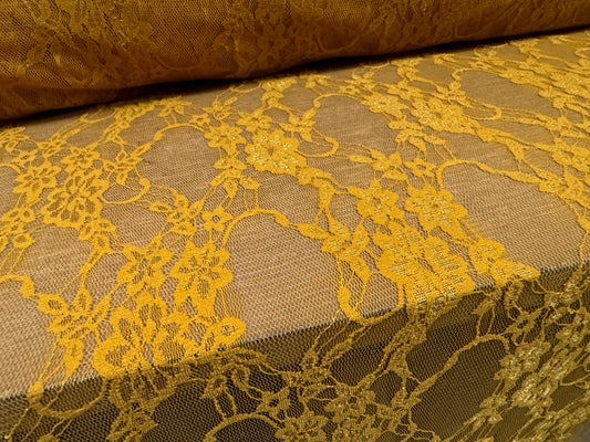 Stretch spandex mesh lace net fabric, per metre - floral pattern - mustard