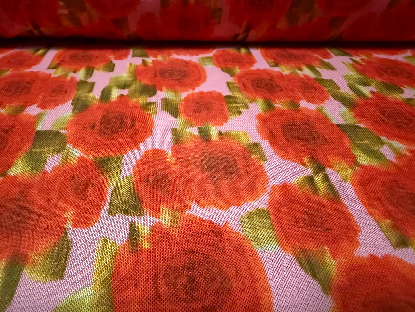 Power mesh net stretch spandex fabric, per metre - rose print - red & pink