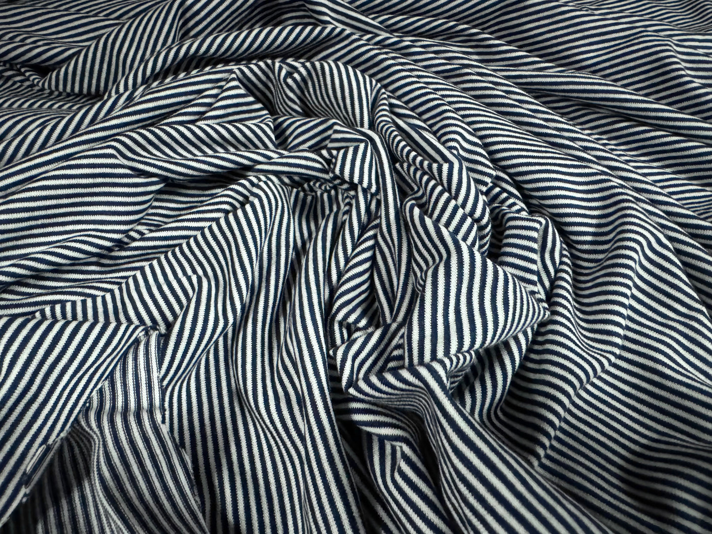 Viscose spandex stretch single jersey fabric, per metre - pinstripe - navy blue & white