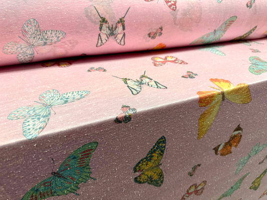 Soft handle slub jersey dress fabric, per metre - butterfly print - pink with multicolour butterflies