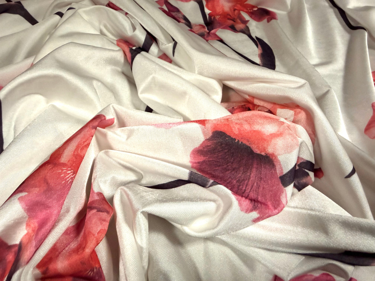 Stretch spandex single jersey fabric, per metre - iris flower print - cream & pink