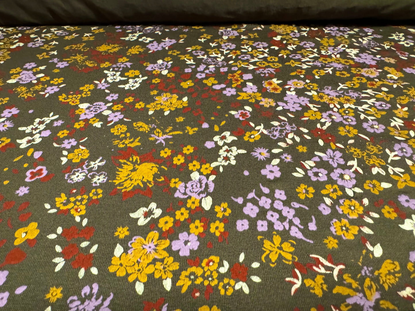 Viscose spandex stretch single jersey fabric, per metre - small flower ditsy print - khaki & mustard