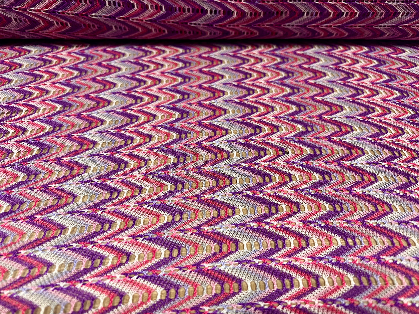 Crochet knit lace dress fabric, per metre - zigzag design - purple & pink