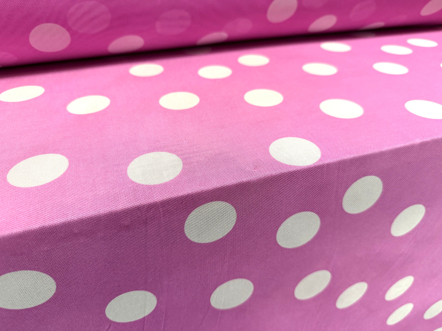 Power mesh net stretch spandex fabric, per metre - polka dot print - pink & white