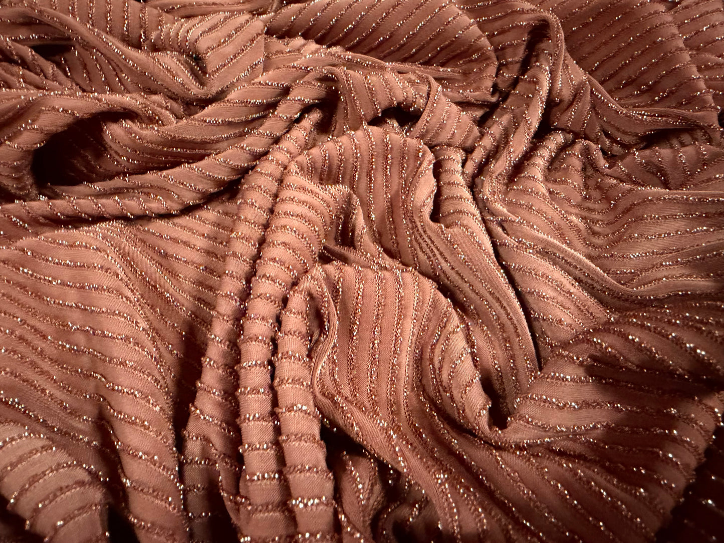 Metallic stretch jersey fabric, per metre - lurex pinstripe - dusky pink