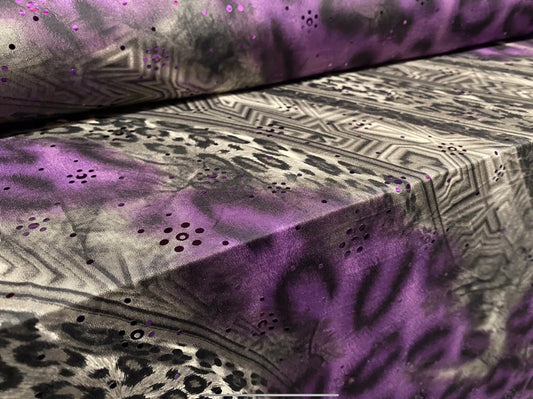 Stretch spandex single jersey fabric, per metre - stylised leopardskin swirl print with sequins - purple & grey