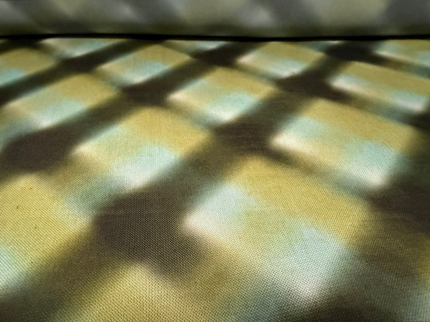 Power mesh net stretch spandex fabric, per metre - Argyle Smudge print - turquoise & mustard