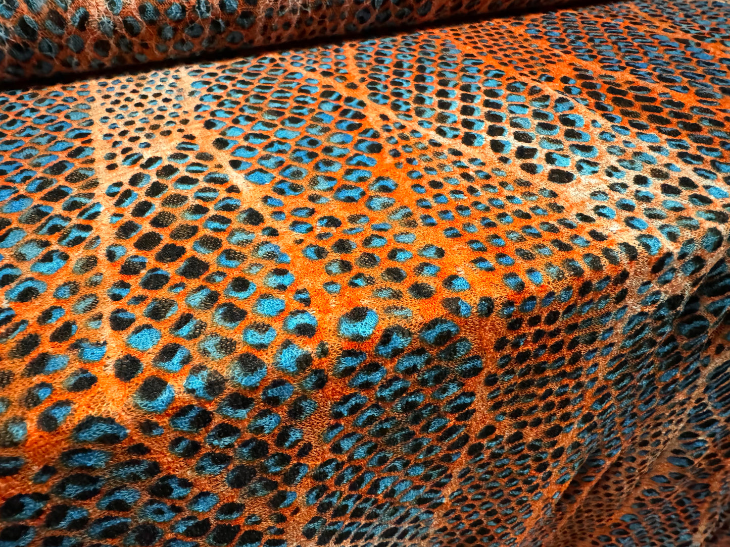 Stretch spandex mesh lace fabric, per metre - abstract print - orange & blue