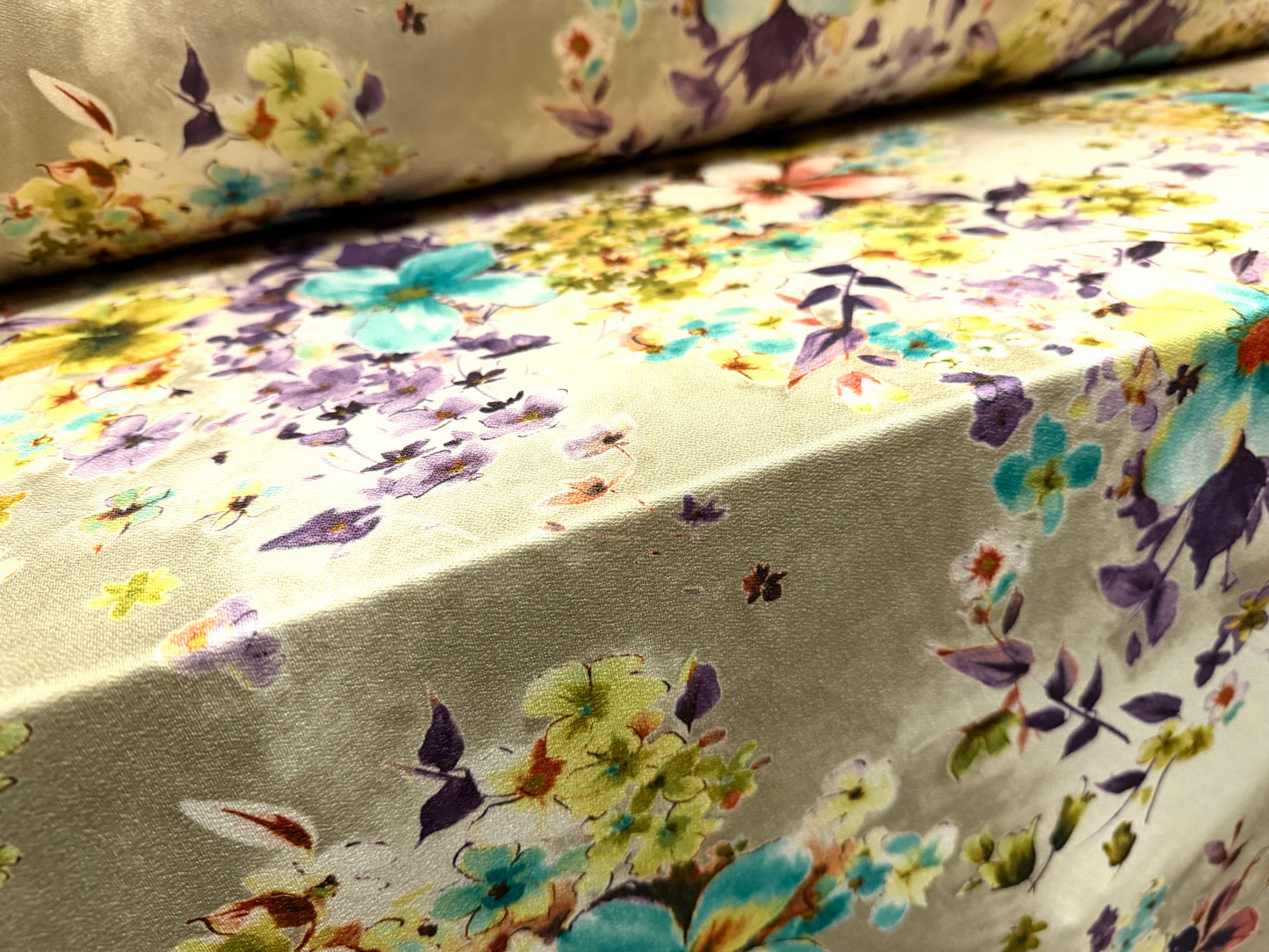 Stretch spandex crepe single jersey dress fabric, per metre - floral print -cream sage turquoise & purple