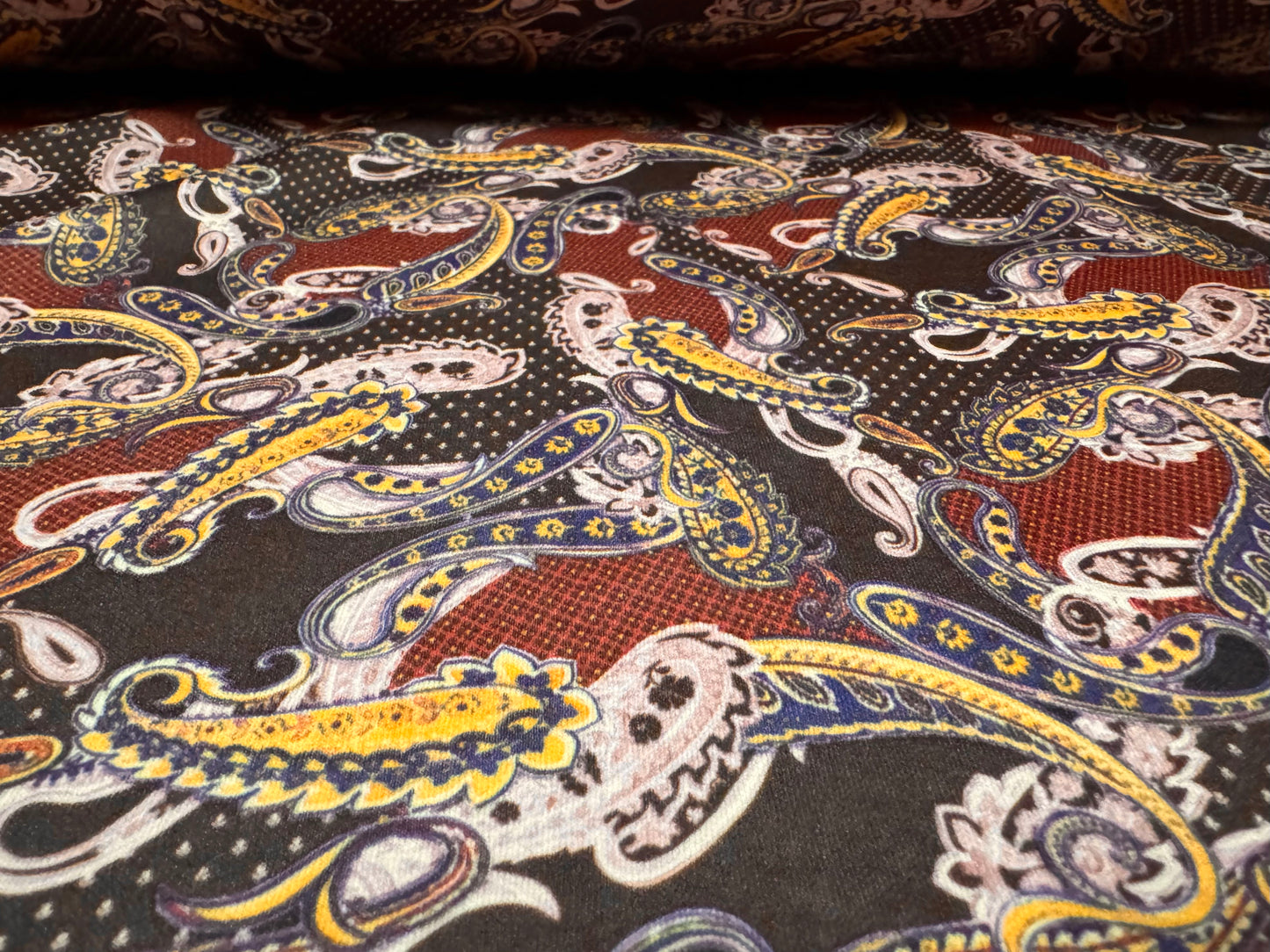 Scuba stretch spandex double jersey fabric, per metre - paisley print - brown & wine