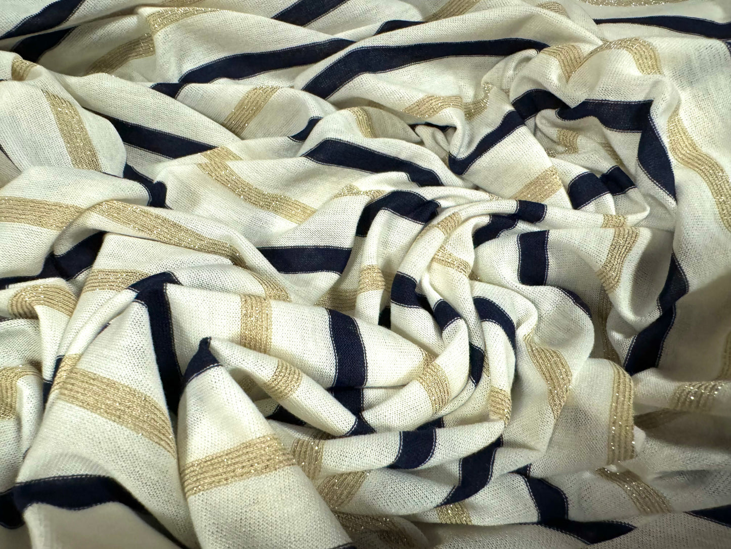 Metallic lurex single jersey fabric, per metre - stripe - ivory black & gold