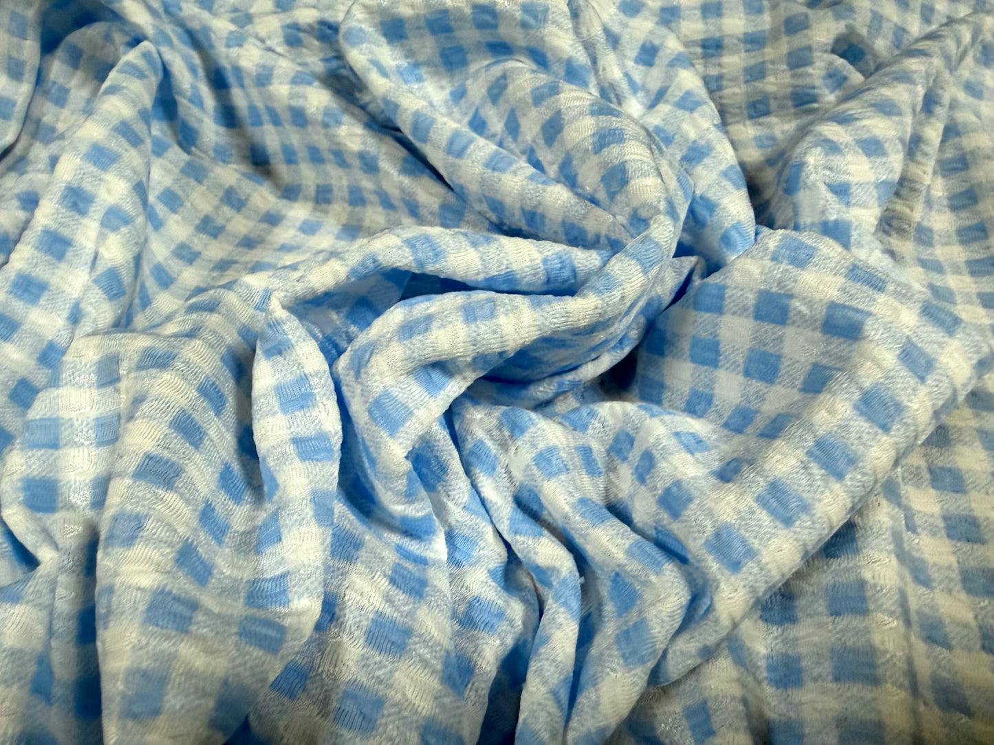 Stretch spandex jersey jacquard fabric, per metre - gingham print -sky blue & white