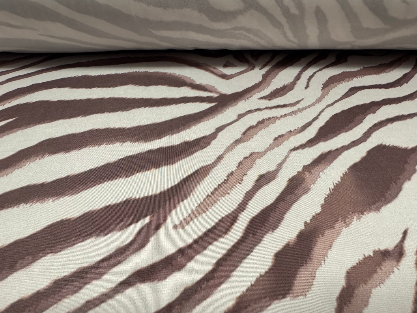 Soft touch stretch spandex single jersey fabric, per metre - zebra animal print - cappucino