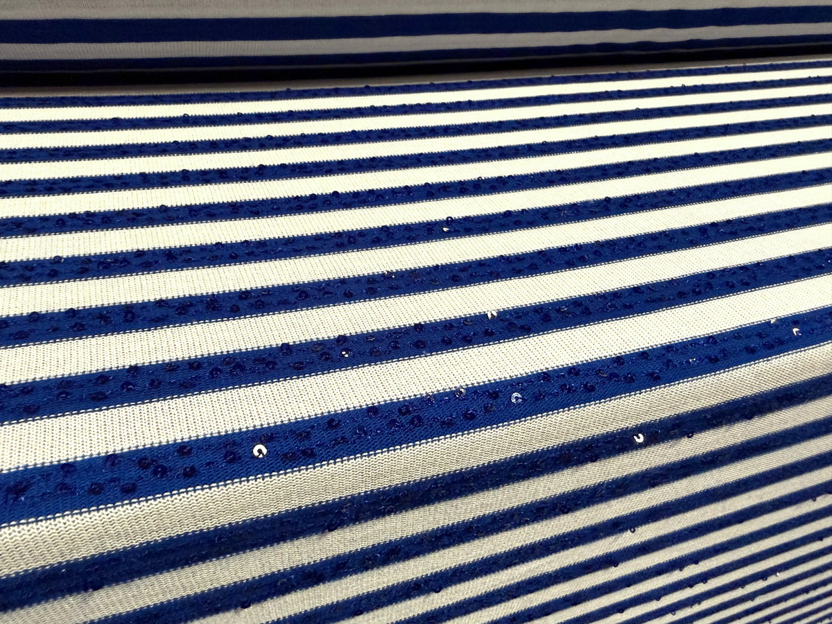 Sequin sparkle jersey knit fabric, per metre - stripe - royal blue & white