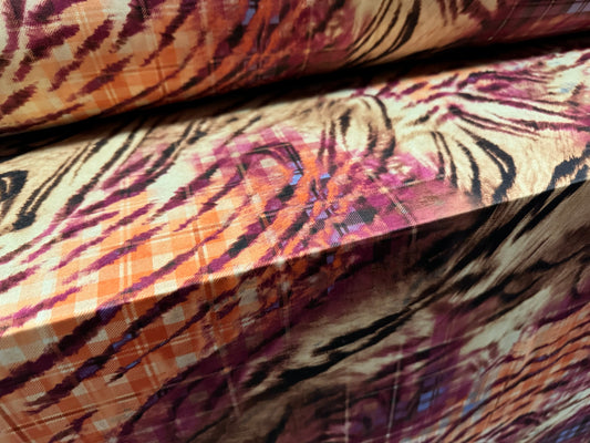 Soft touch stretch spandex single jersey fabric, per metre - tiger tartan print - magenta orange & wheat