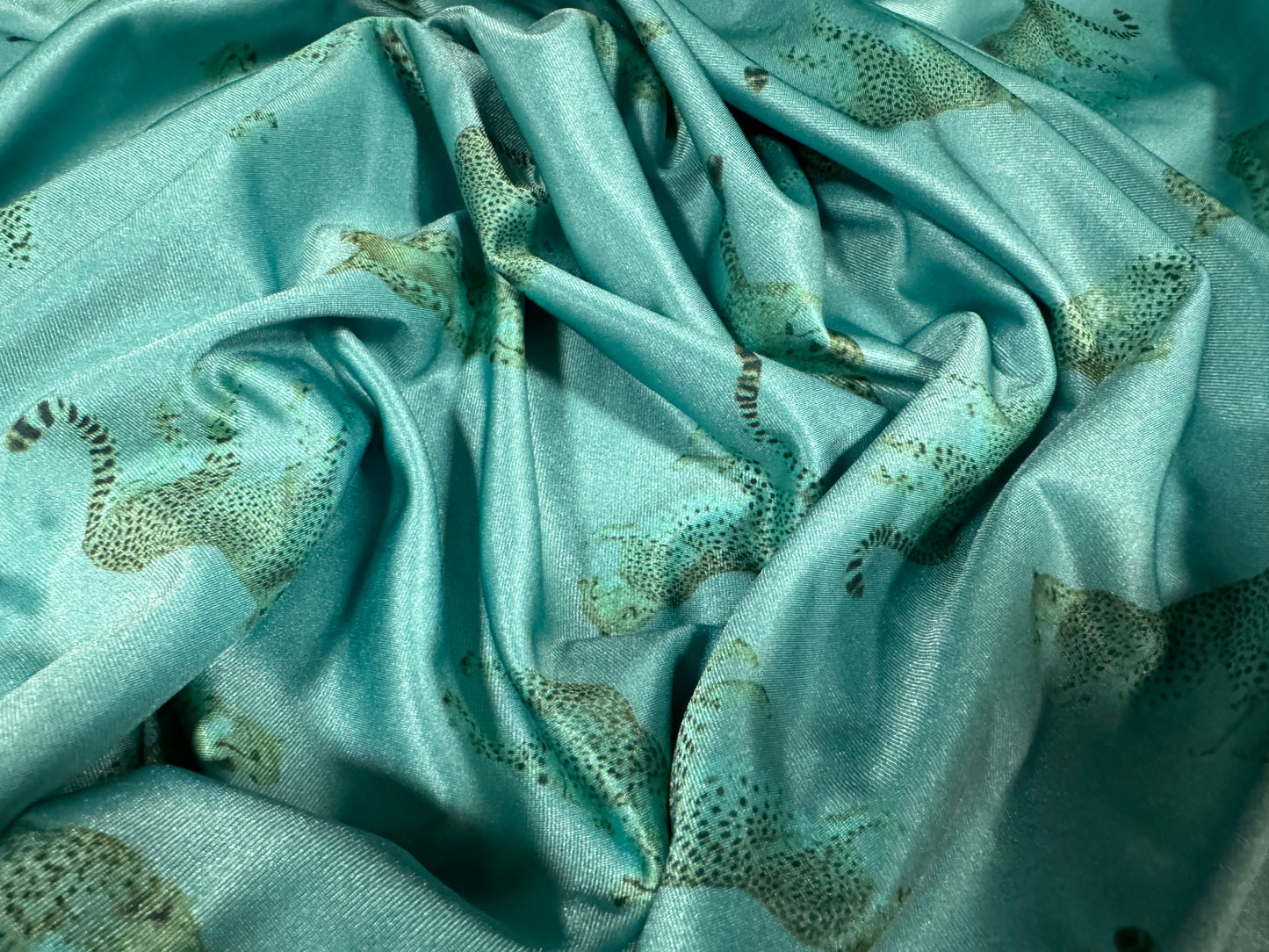 Swimwear stretch spandex jersey fabric, per metre - leopard big cat print - turquoise