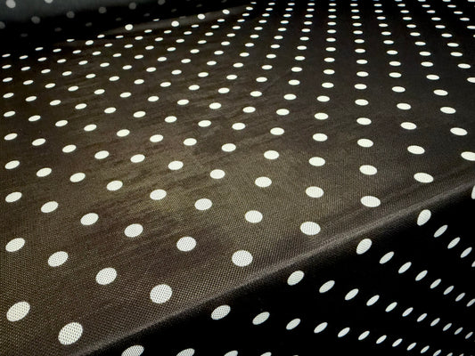 Power mesh net stretch spandex fabric, per metre - polka dot print - black & white