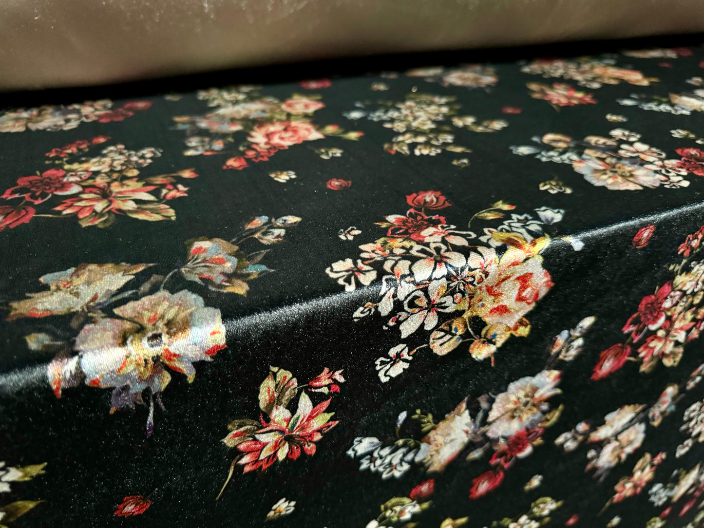 Spandex velvet stretch dress fabric, per mere - floral bouquet print - black with multicolour flowers