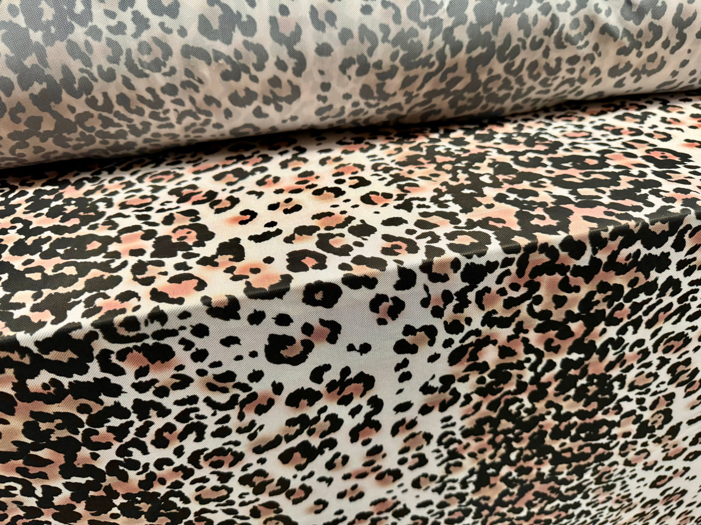 Power mesh net stretch spandex fabric, per metre - stylised cheetah animal print - nude & cream