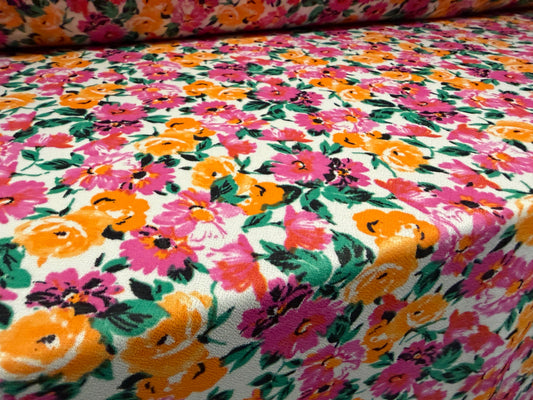 Valentino crepe stretch spandex jersey fabric, per metre - floral print - pink & orange