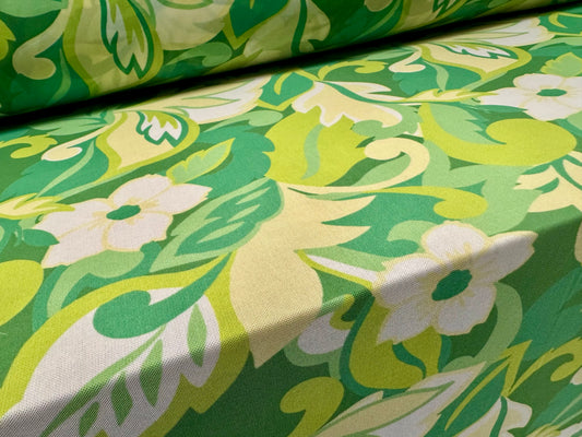 Power mesh net stretch spandex fabric, per metre - retro floral print - green