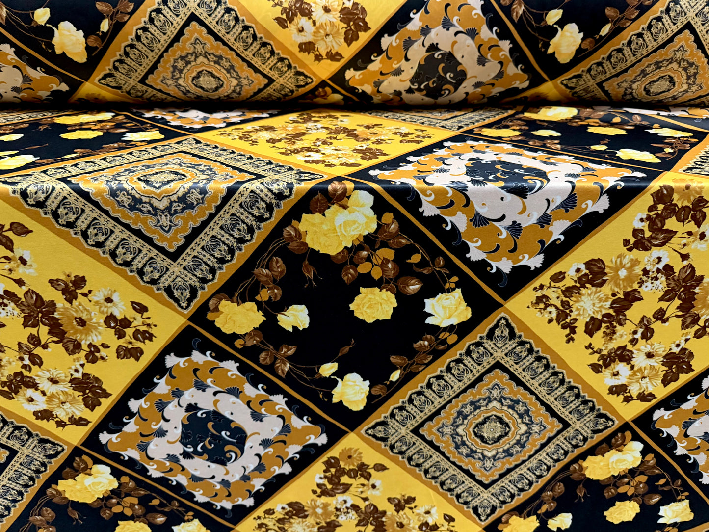 Single jersey fashion fabric, per metre - paisley floral collage print - gold & black