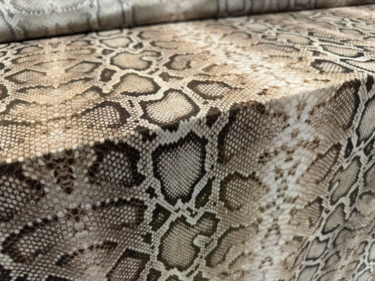 Power mesh net stretch spandex fabric, per metre - rattlesnake print - olive brown