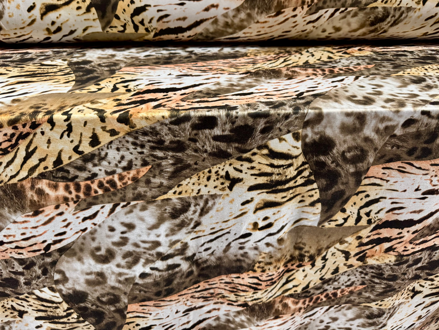 Stretch spandex interlock jersey fabric, per metre - animal collage print - beige & gold